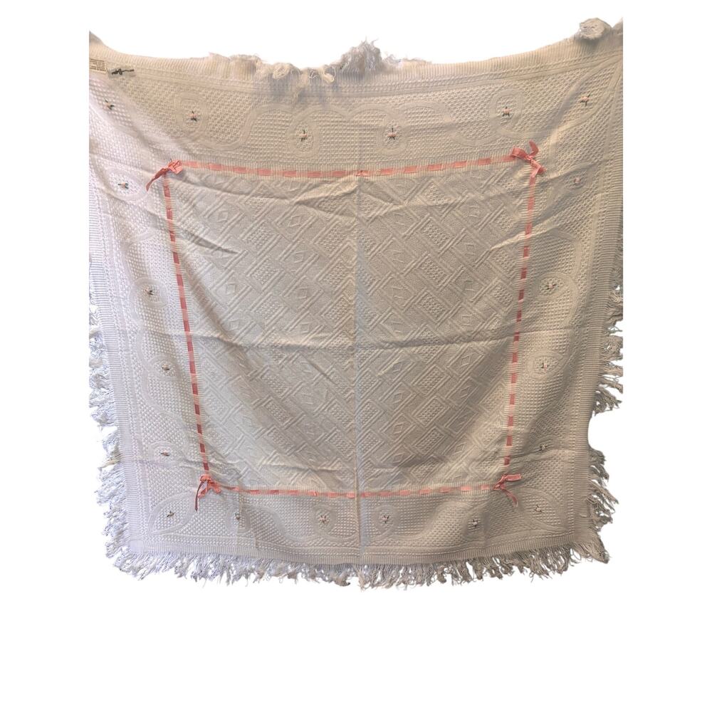 Vintage Daytons white with pink rose buds and fringe baby blanket made in Spain